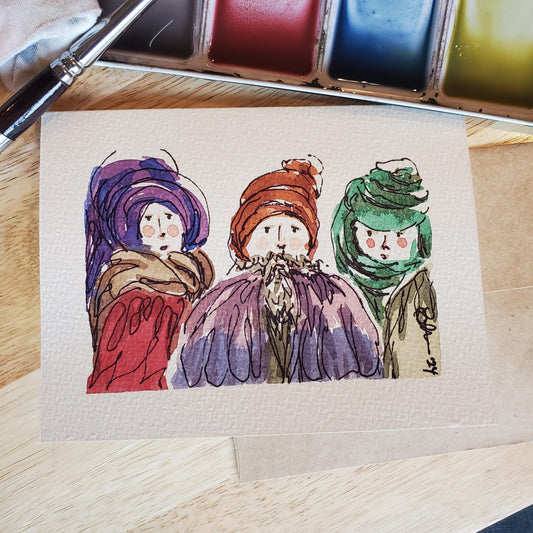 Three Wise Men Greeting Card Original Ink & Watercolor Art Kings of Orient Notecard Hand Painted 4 1/2" x 6" Blank Christmas Holiday Cards