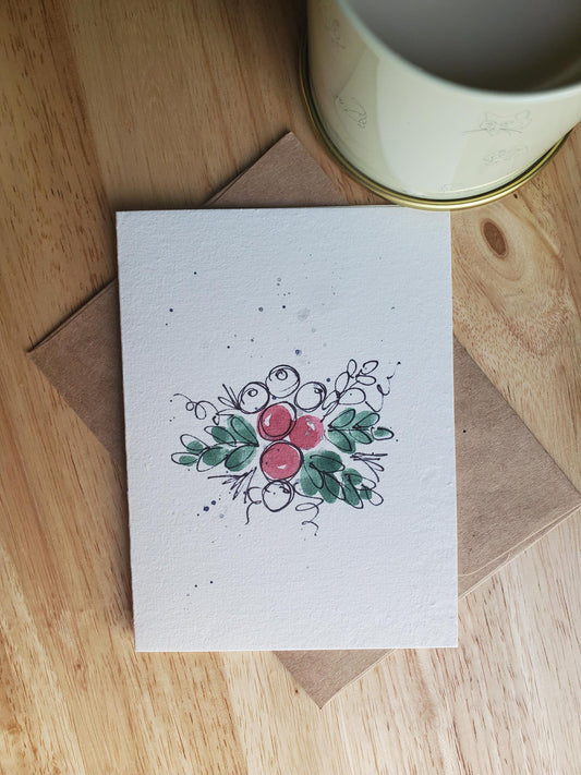 Holly Berry Greeting Card Original Ink & Watercolor Art Red Mistletoe Notecard Hand Painted 4 1/2" x 6" Blank Christmas Holiday Card