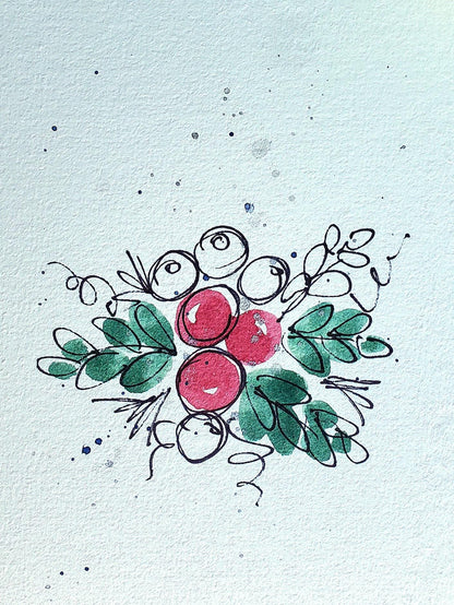Holly Berry Greeting Card Original Ink & Watercolor Art Red Mistletoe Notecard Hand Painted 4 1/2" x 6" Blank Christmas Holiday Card