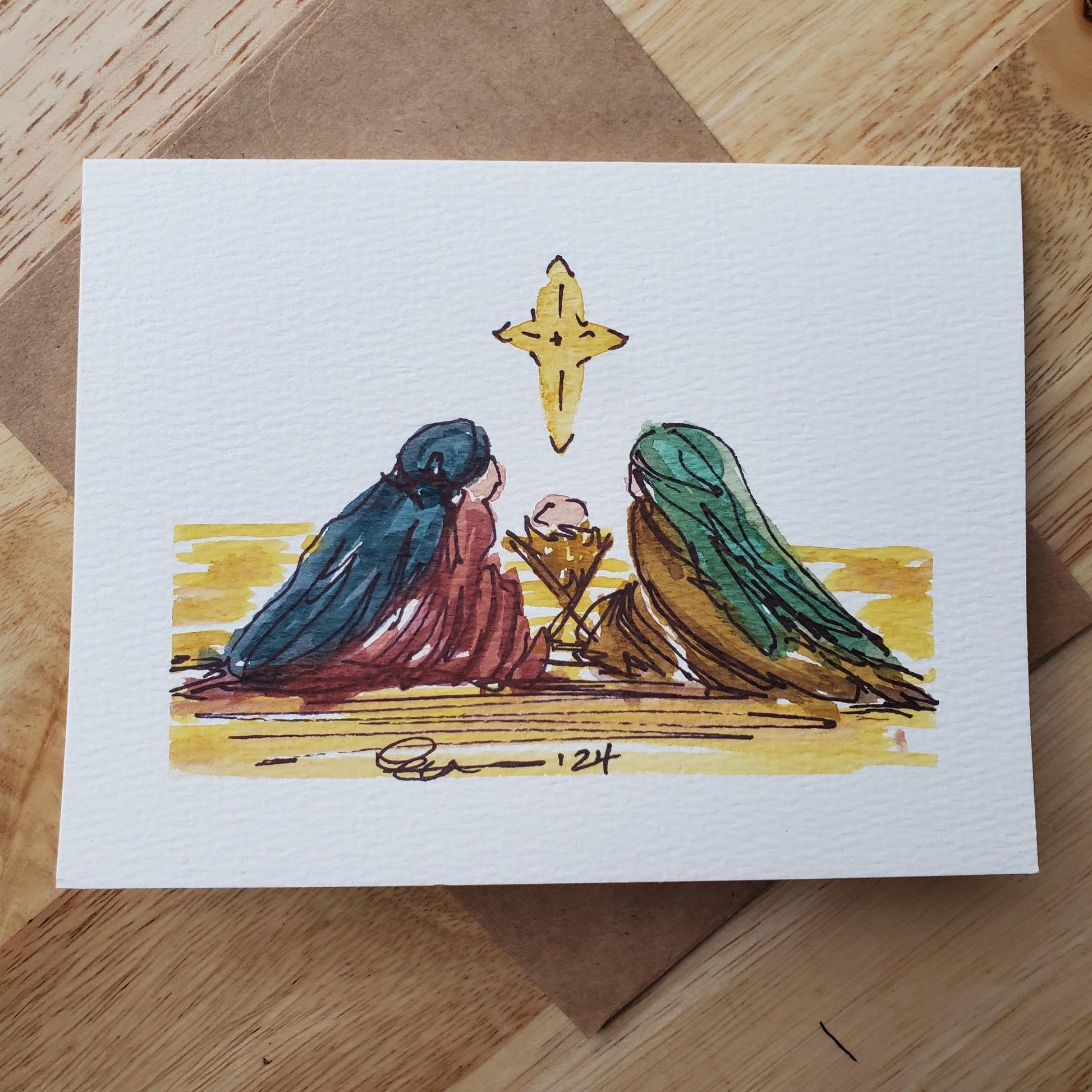 Christmas Manger Nativity Greeting Card Original Ink & Watercolor Joseph Mary Jesus Notecard Hand Painted 4 1/2" x 6" Blank Holiday Card