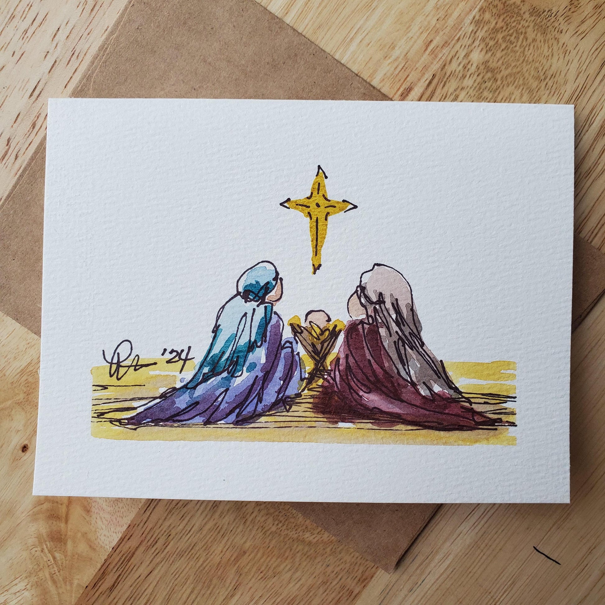 Christmas Manger Nativity Greeting Card Original Ink & Watercolor Joseph Mary Jesus Notecard Hand Painted 4 1/2" x 6" Blank Holiday Card