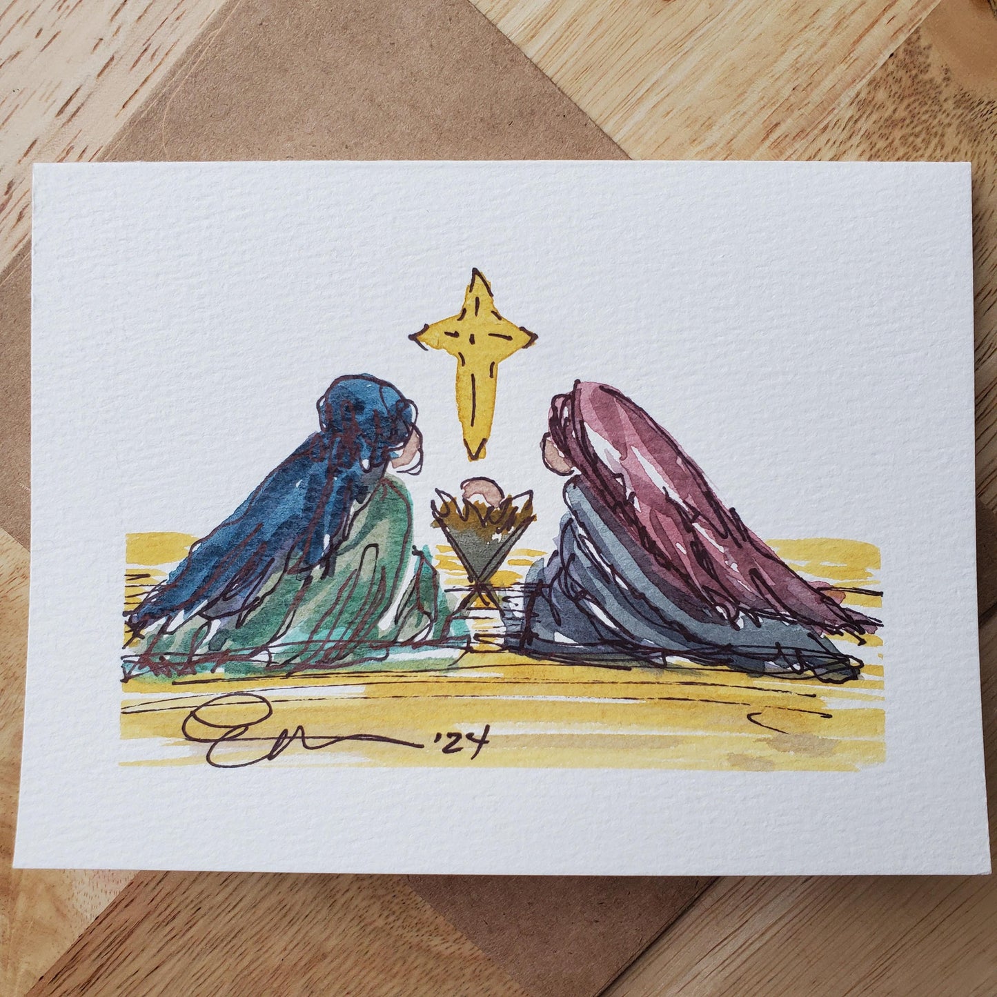 Christmas Manger Nativity Greeting Card Original Ink & Watercolor Joseph Mary Jesus Notecard Hand Painted 4 1/2" x 6" Blank Holiday Card
