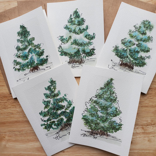 Festive Christmas Tree Greeting Card Original Ink & Watercolor Art Winter Snow Season Notecard Hand Painted 4 1/2" x 6" Blank Holiday Cards