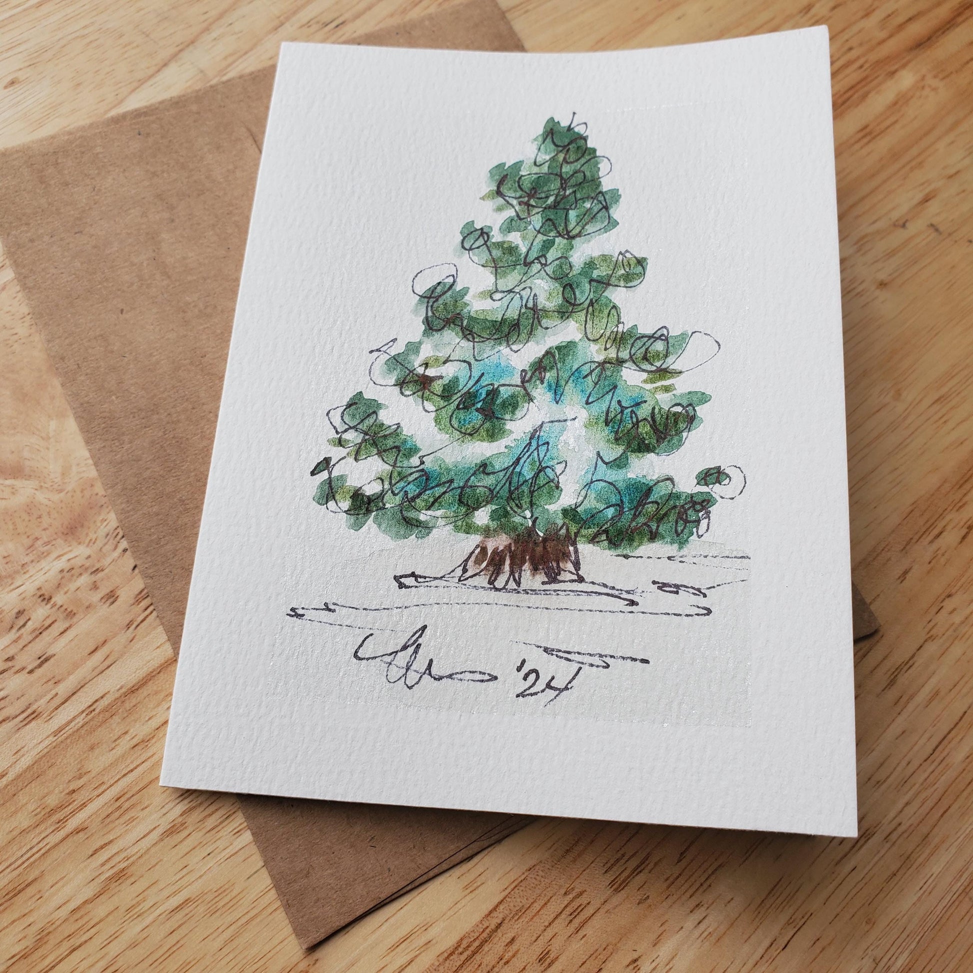 Festive Christmas Tree Greeting Card Original Ink & Watercolor Art Winter Snow Season Notecard Hand Painted 4 1/2" x 6" Blank Holiday Cards