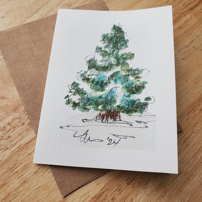 Festive Christmas Tree Greeting Card Original Ink & Watercolor Art Winter Snow Season Notecard Hand Painted 4 1/2" x 6" Blank Holiday Cards