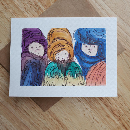 Three Wise Men Greeting Card Original Ink & Watercolor Art Kings of Orient Notecard Hand Painted 4 1/2" x 6" Blank Christmas Holiday Cards