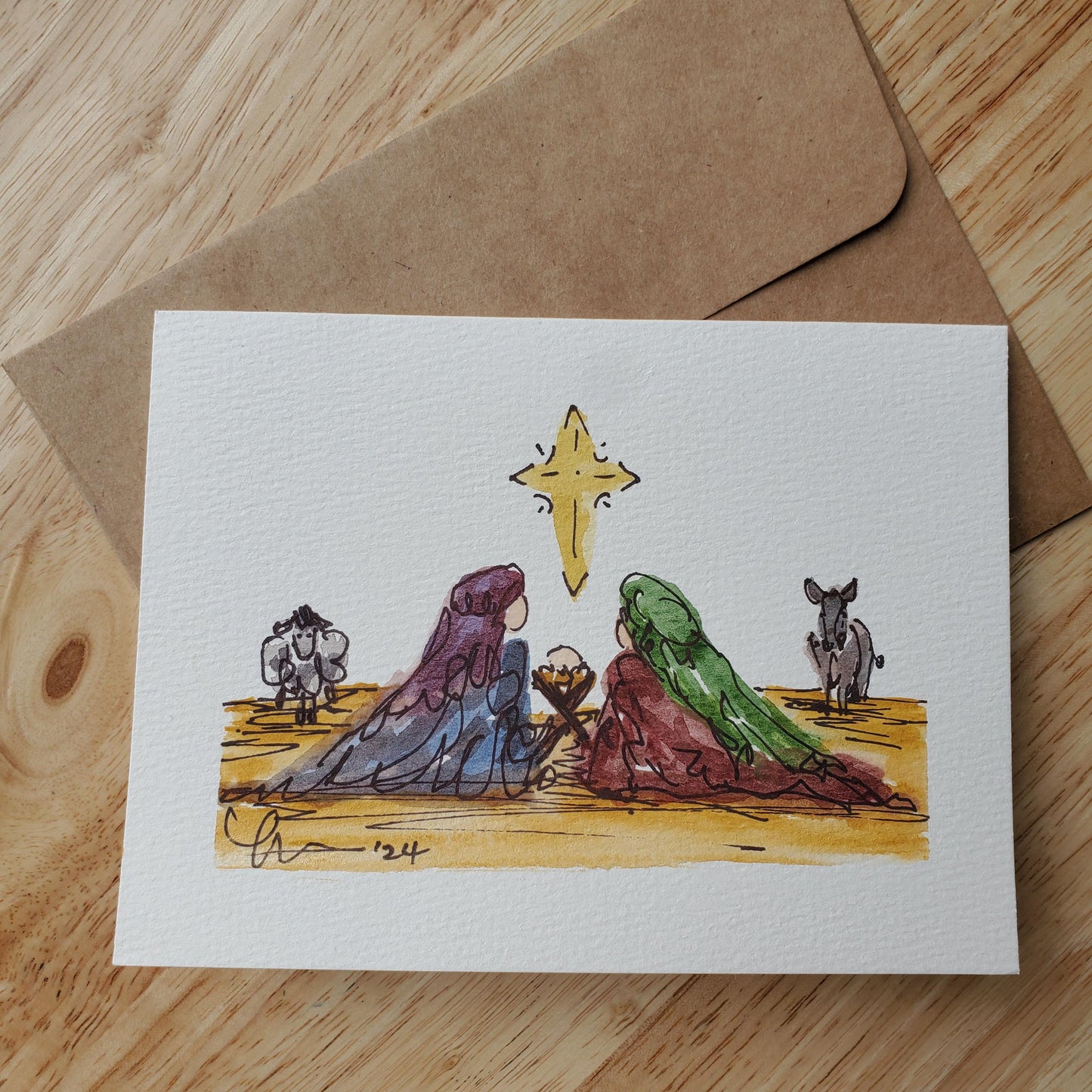 Christmas Manger Nativity Greeting Card Original Ink & Watercolor Joseph Mary Jesus Notecard Hand Painted 4 1/2" x 6" Blank Holiday Card