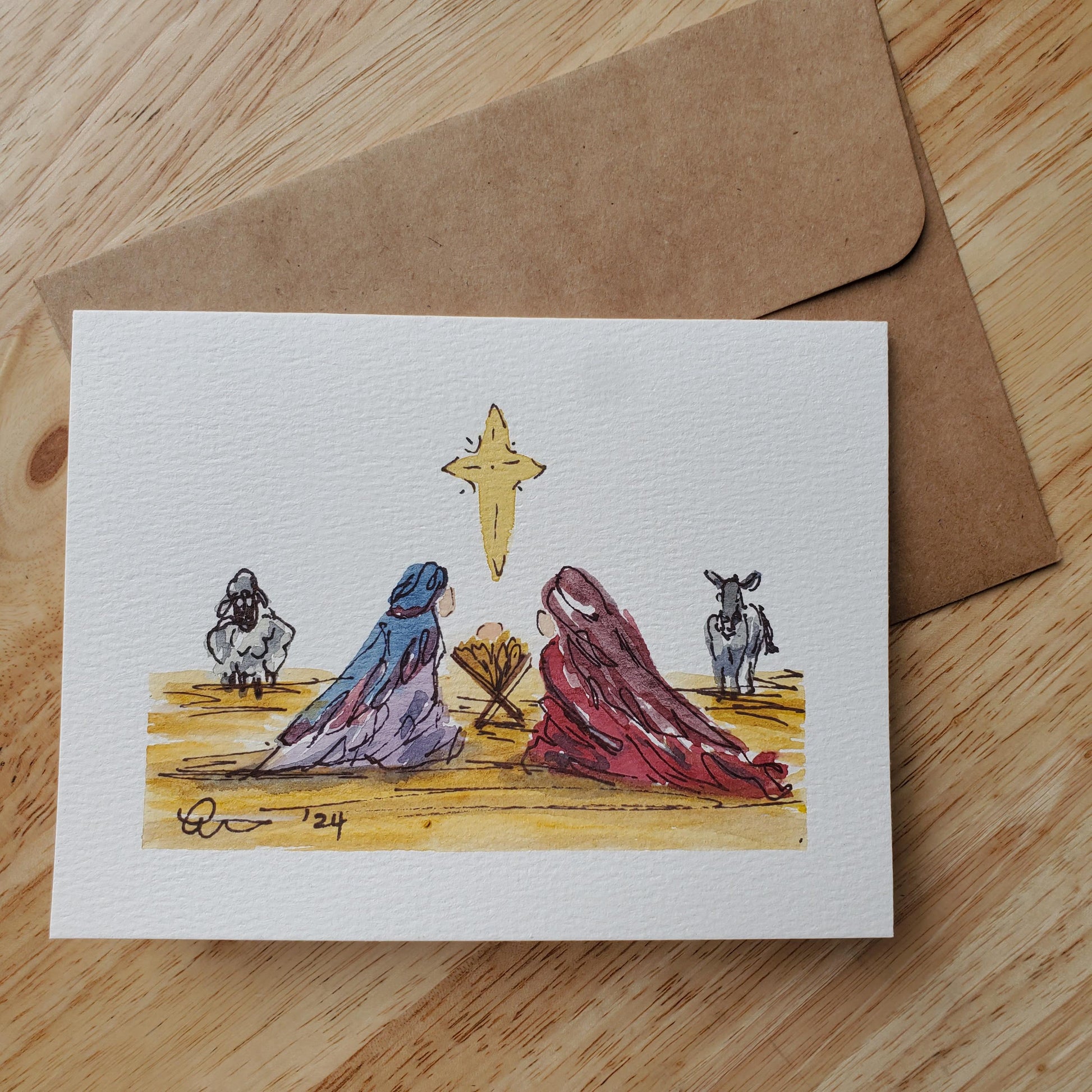 Christmas Manger Nativity Greeting Card Original Ink & Watercolor Joseph Mary Jesus Notecard Hand Painted 4 1/2" x 6" Blank Holiday Card