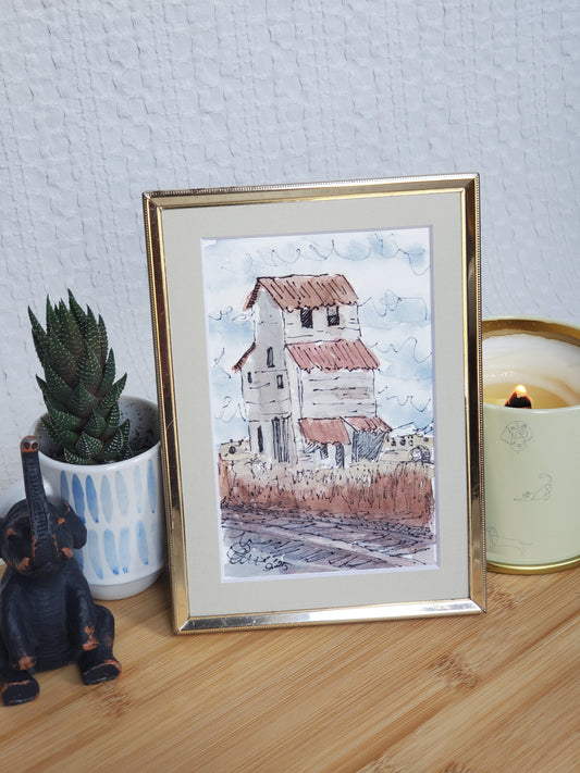 Farm Field and Granary Greeting Card - Original Ink & Watercolor