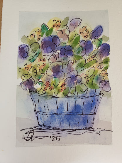 Easter Flower Basket Greeting Card - Original Ink & Watercolor (4x6)