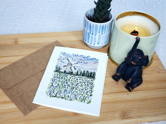 White Spring Tulip Windmill Original Ink & Watercolor Greeting Card