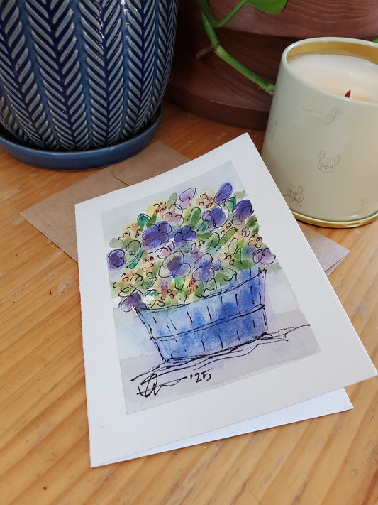 Easter Flower Basket Greeting Card - Original Ink & Watercolor (4x6)