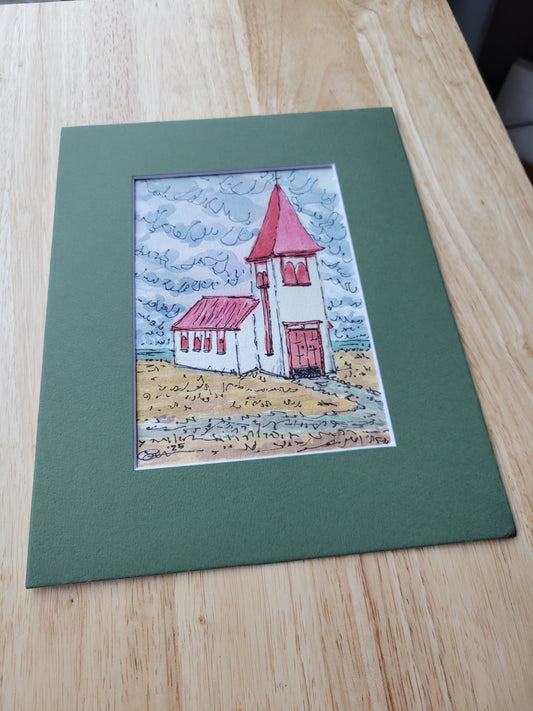 Red Church - Sagefen Series Ink & Watercolor Art (5x7)