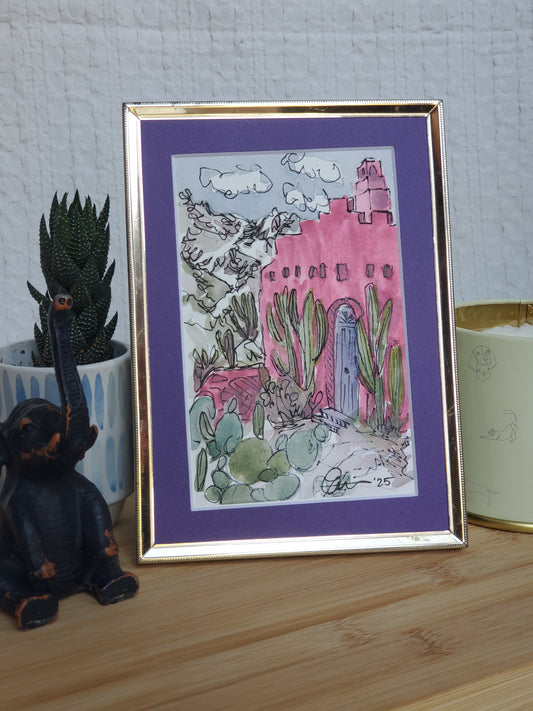 Pink Cactus House - Original 4x6 Matted Ink & Watercolor Art