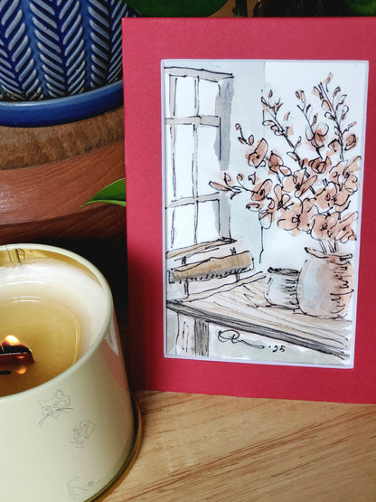 Flowers on the Table - Original Ink & Watercolor Artwork (4x6)