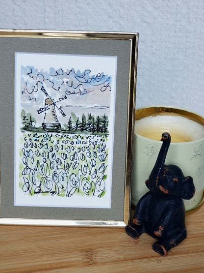 White Spring Tulip Windmill Original Ink & Watercolor Greeting Card