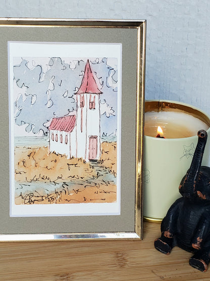 Red-Steepled Church Greeting Card - Original Ink & Watercolor