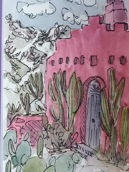 Pink Cactus House - Original 4x6 Matted Ink & Watercolor Art