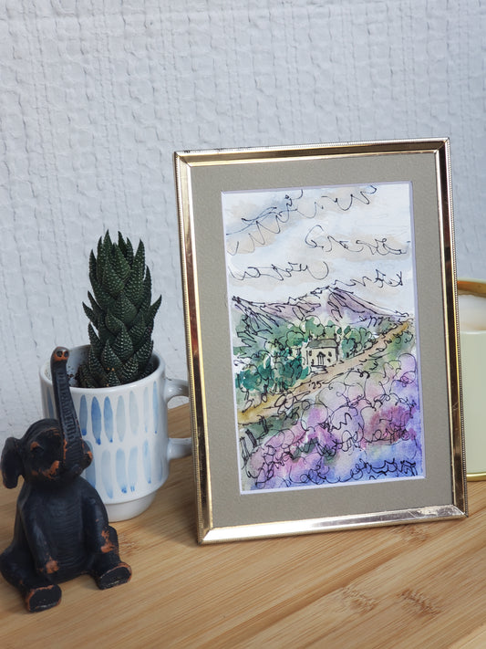 Heather Mountain Home - Original 4x6 Matted Ink & Watercolor Art