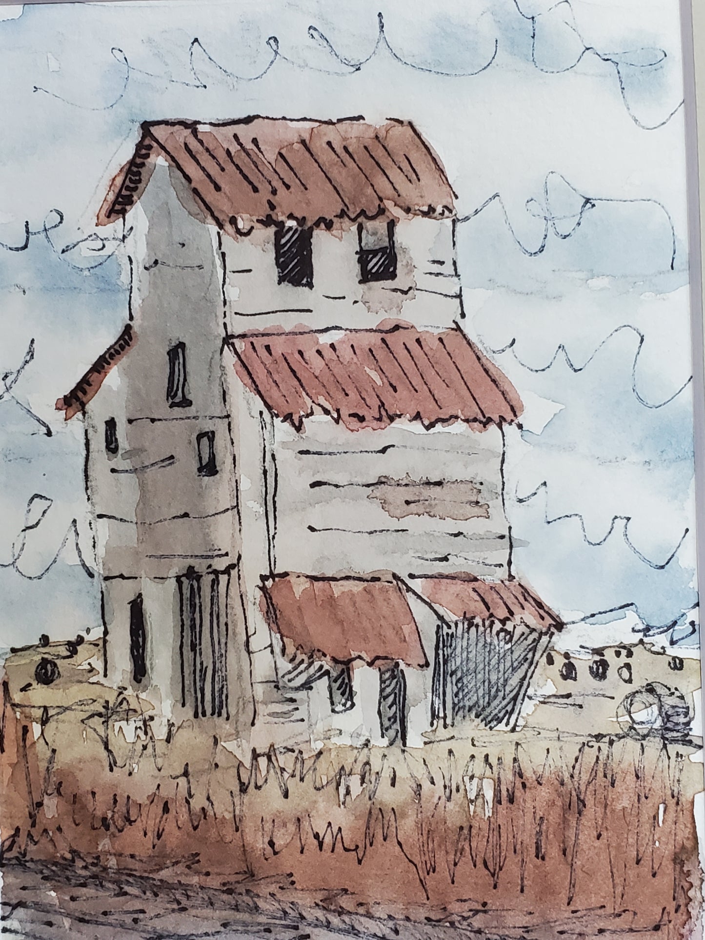 Farm Field and Granary Greeting Card - Original Ink & Watercolor