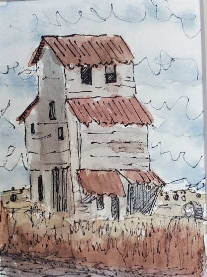 Farm Field and Granary Greeting Card - Original Ink & Watercolor