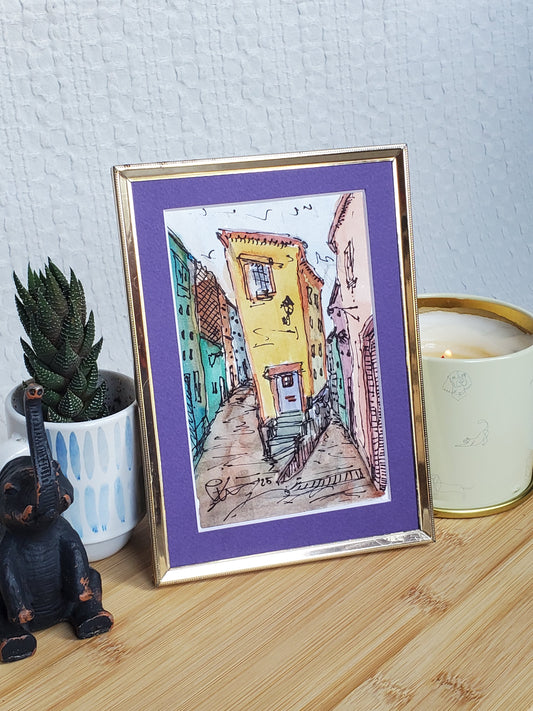 Split-Level Entry Urban Scene - Original Ink & Watercolor Art