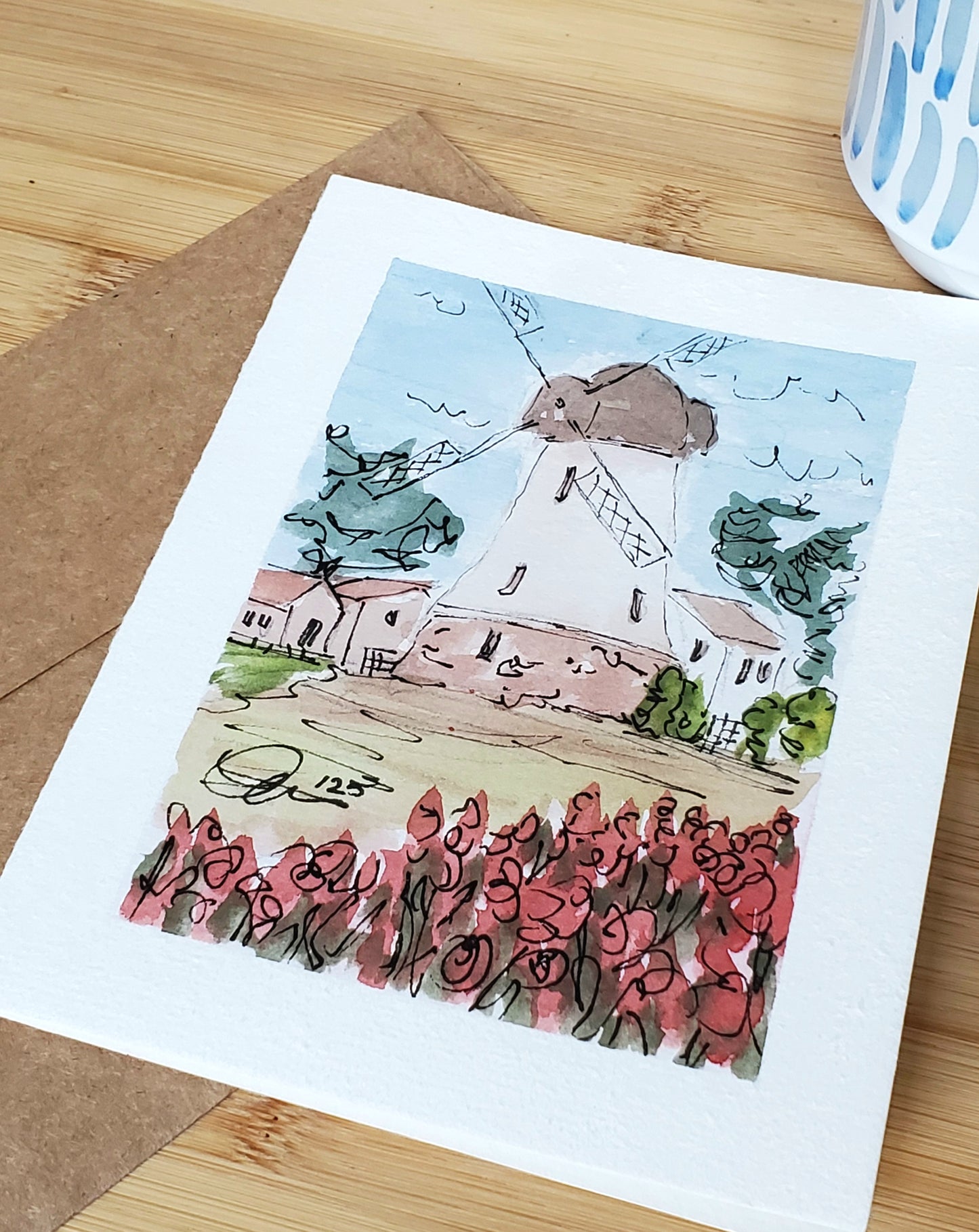 Pink Spring Tulip Windmill Original Ink & Watercolor Greeting Card