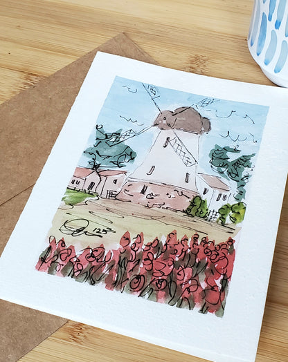 Pink Spring Tulip Windmill Original Ink & Watercolor Greeting Card