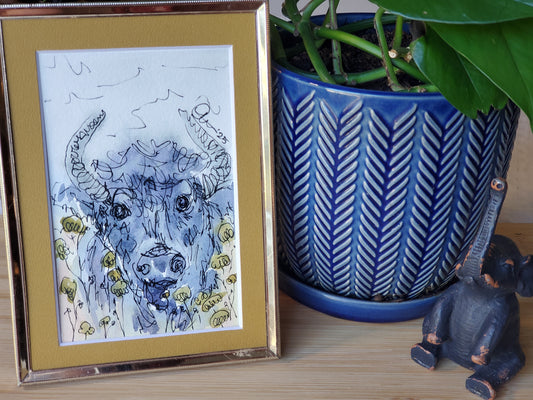 A Bull in Yellow Flowers - Original 4x6 Matted Ink & Watercolor Art