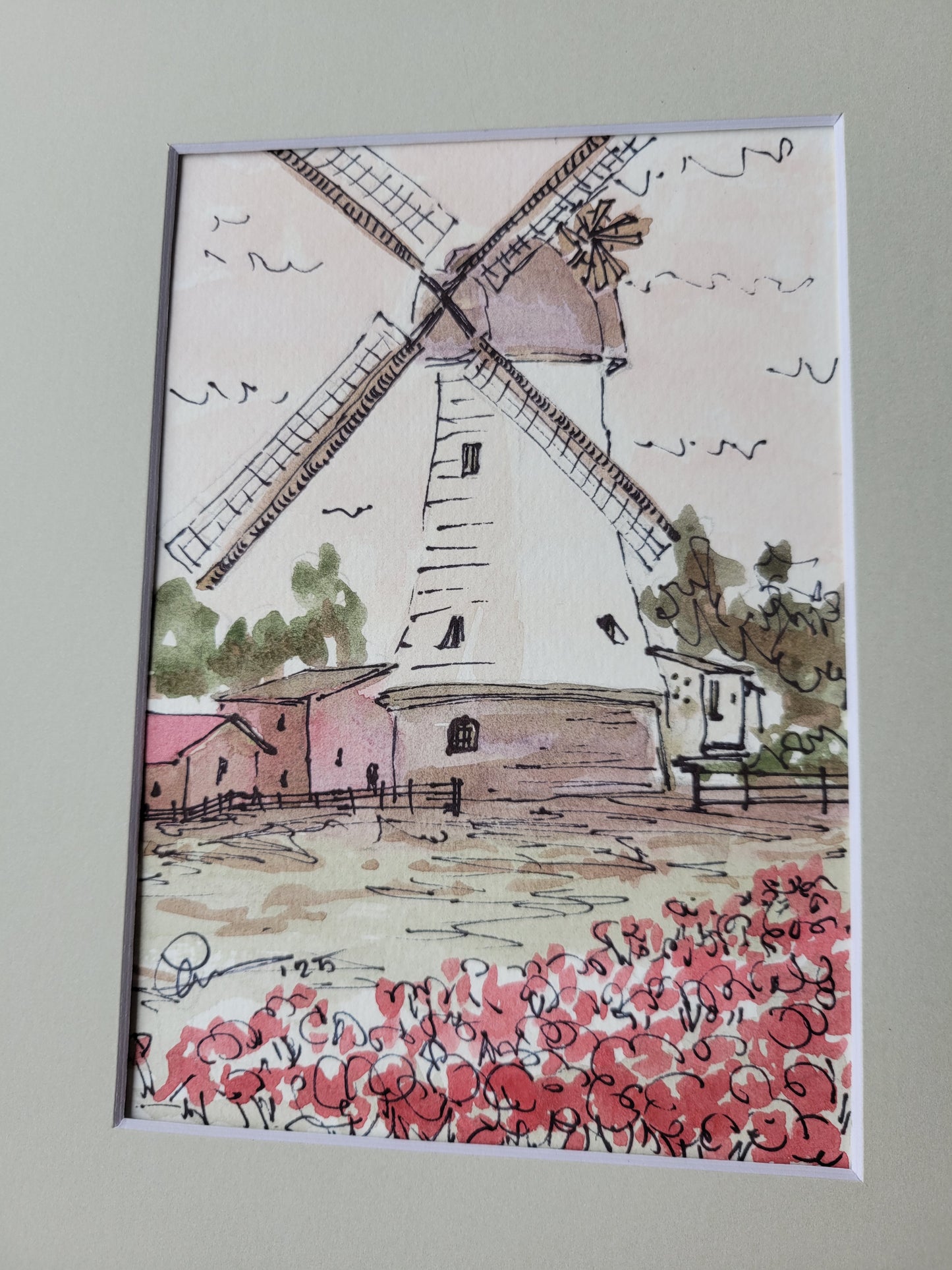 Windmill - Sagefen Series Original Ink & Watercolor Art (5x7)