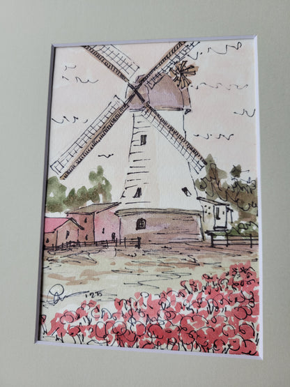 Windmill - Sagefen Series Original Ink & Watercolor Art (5x7)