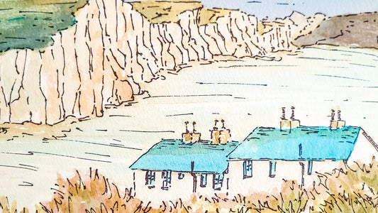Illustration of coastal scene with houses and cliffs