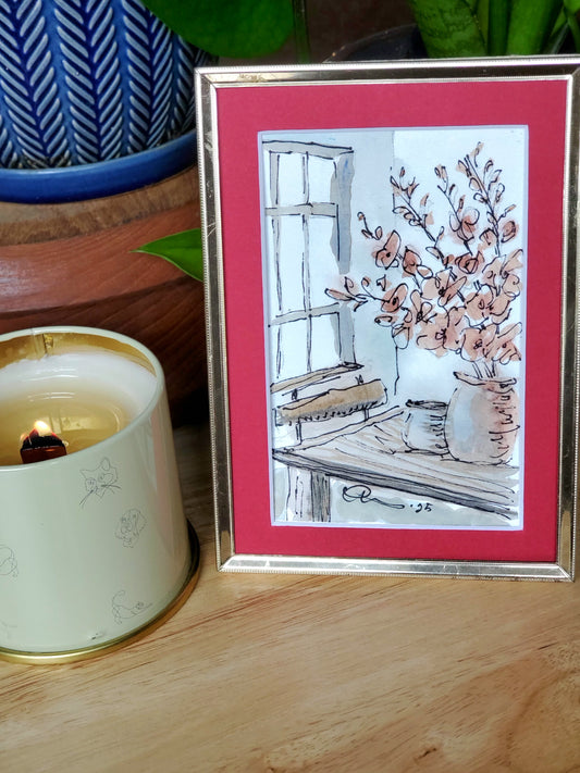 Flowers on the Table - Original Ink & Watercolor Artwork (4x6)