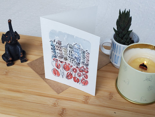 Red Spring Tulips in Amsterdam Greeting Card - Original Ink & Watercolor