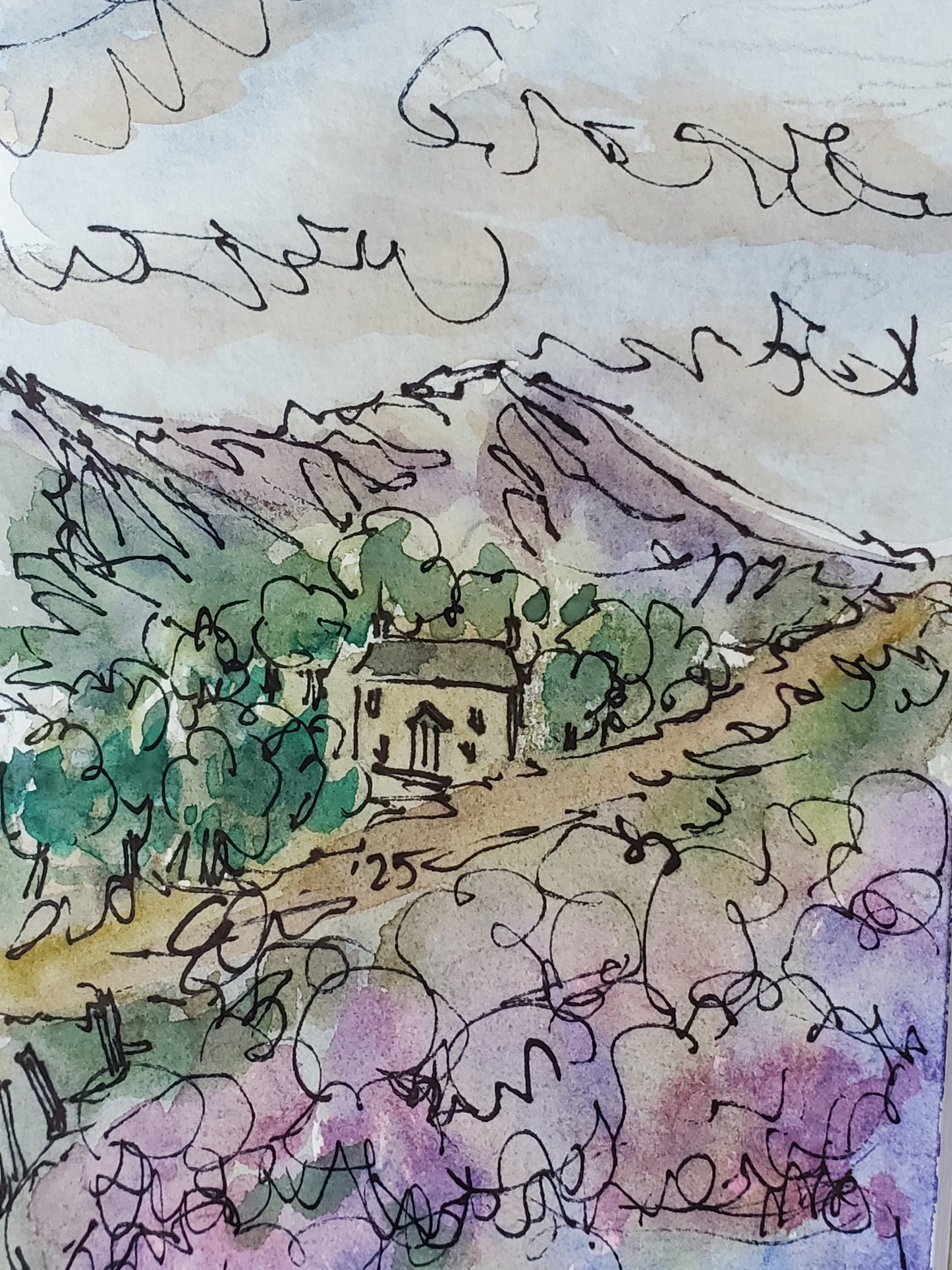 Heather Mountain Home - Original 4x6 Matted Ink & Watercolor Art
