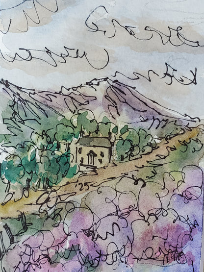Heather Mountain Home - Original 4x6 Matted Ink & Watercolor Art