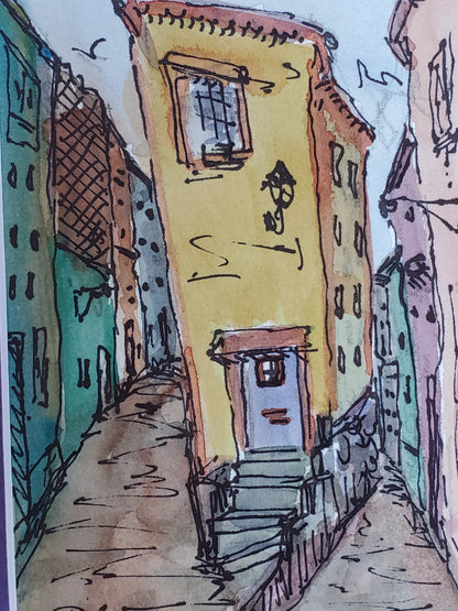 Split-Level Entry Urban Scene - Original Ink & Watercolor Art