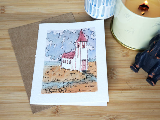 Red-Steepled Church Greeting Card - Original Ink & Watercolor