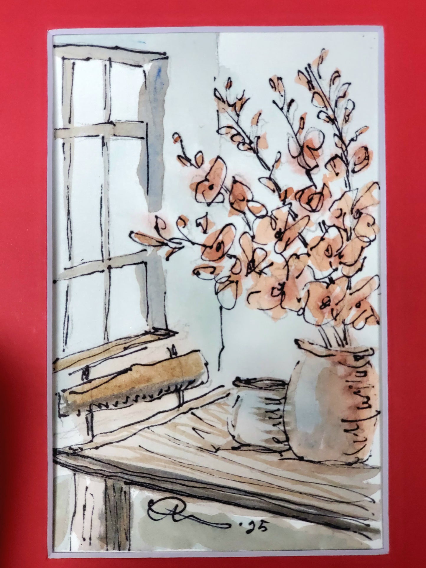 Flowers on the Table - Original Ink & Watercolor Artwork (4x6)